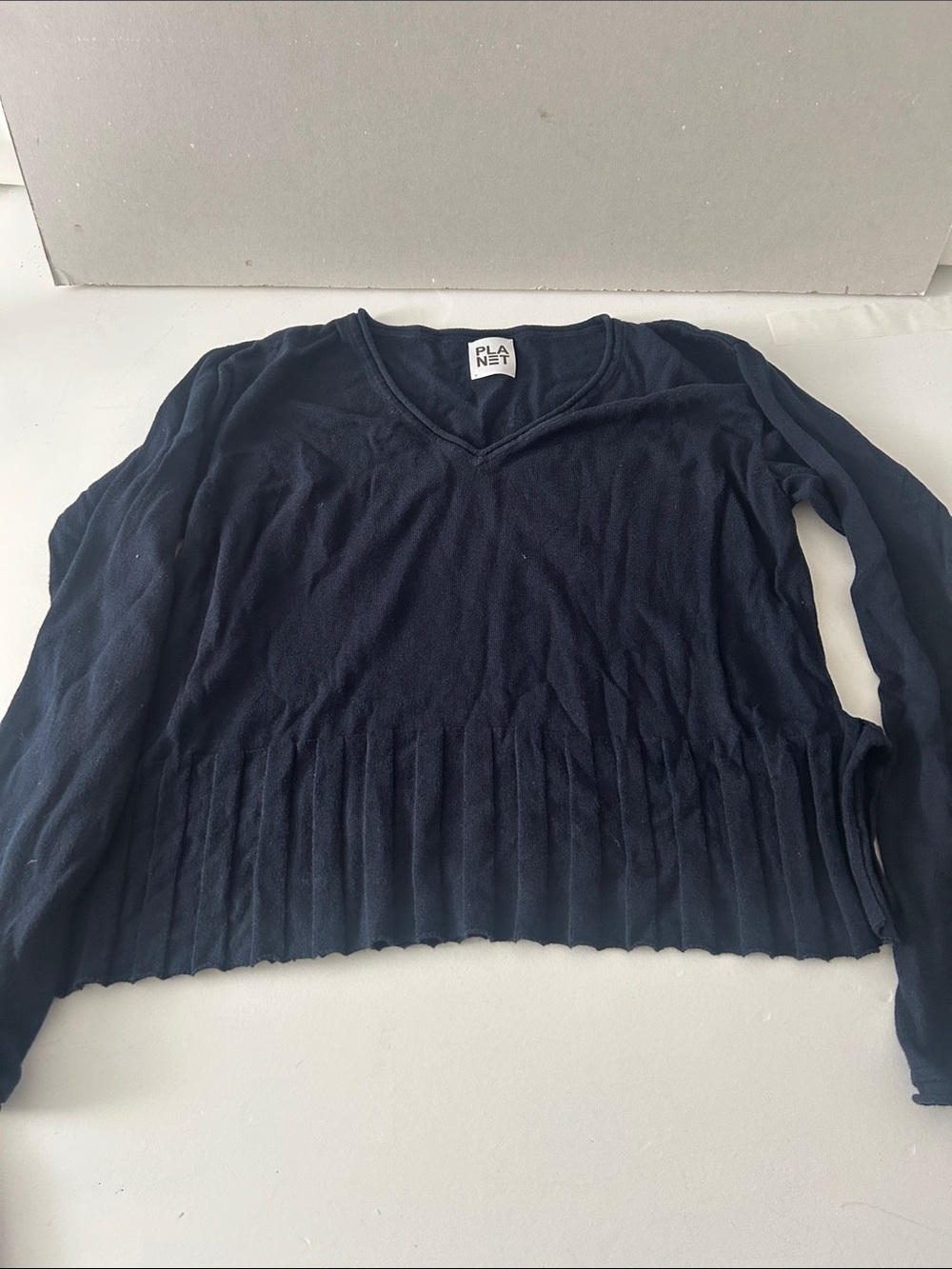 PLANET Navy V-Neck Pleated Hem Top